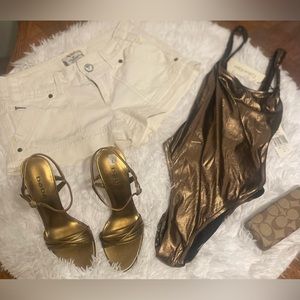 3 items Bundle Box NWT swimsuit size 8 Bronze Bebe Sandals NWOT 7M white shorts